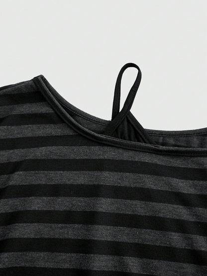 ROMWE Spring/Summer Casual Black Plus Size Grunge Punk Inspired Asymmetric Shoulder Loose Black & Grey Retro Striped T-Shirt, Plus Size