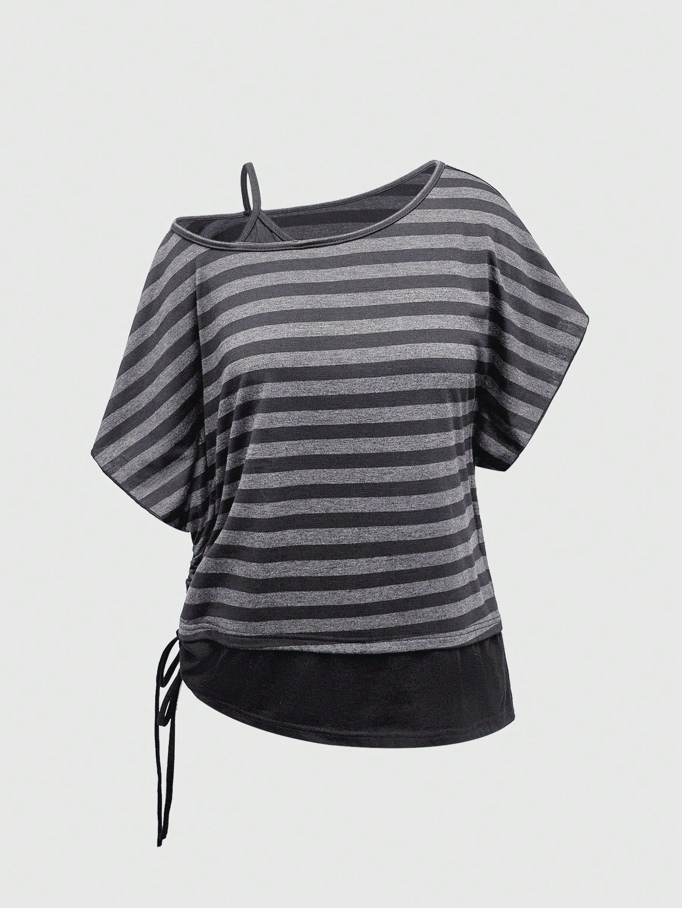 ROMWE Spring/Summer Casual Black Plus Size Grunge Punk Inspired Asymmetric Shoulder Loose Black & Grey Retro Striped T-Shirt, Plus Size