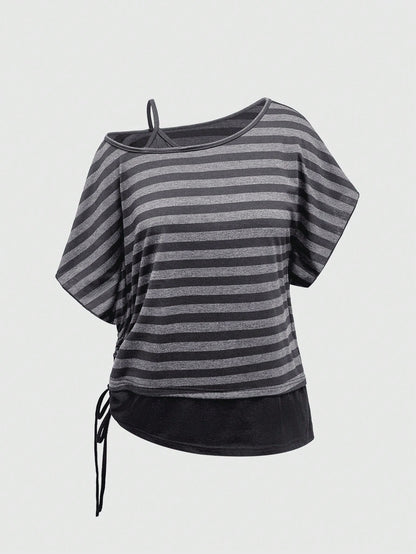 ROMWE Spring/Summer Casual Black Plus Size Grunge Punk Inspired Asymmetric Shoulder Loose Black & Grey Retro Striped T-Shirt, Plus Size