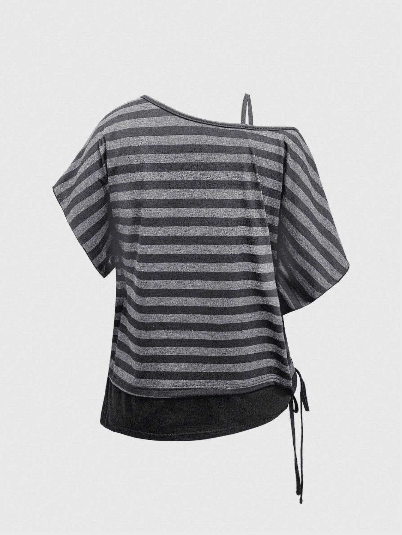 ROMWE Spring/Summer Casual Black Plus Size Grunge Punk Inspired Asymmetric Shoulder Loose Black & Grey Retro Striped T-Shirt, Plus Size