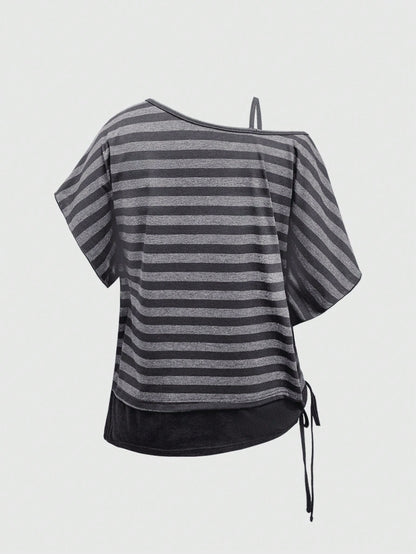 ROMWE Spring/Summer Casual Black Plus Size Grunge Punk Inspired Asymmetric Shoulder Loose Black & Grey Retro Striped T-Shirt, Plus Size