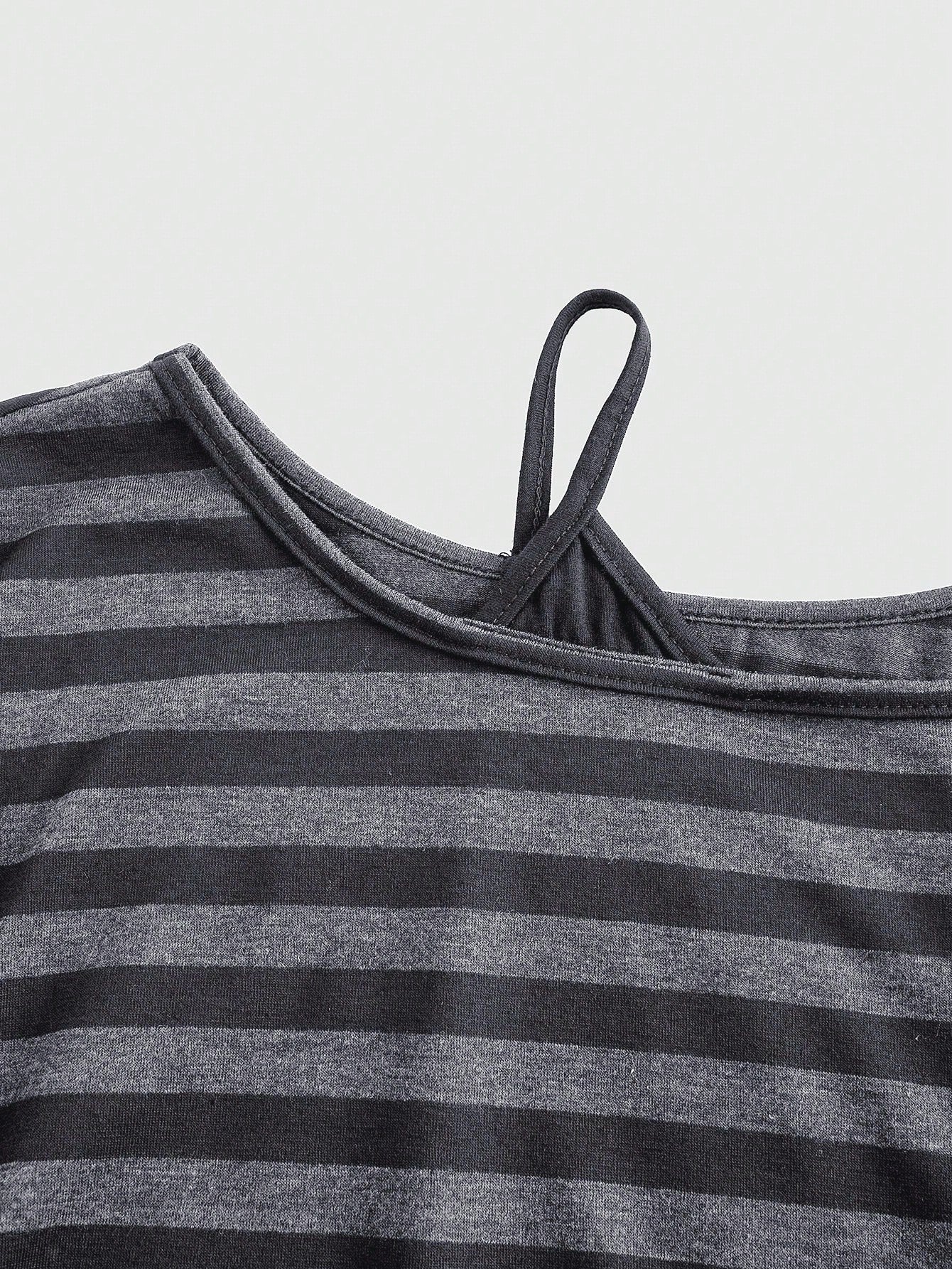 ROMWE Spring/Summer Casual Black Plus Size Grunge Punk Inspired Asymmetric Shoulder Loose Black & Grey Retro Striped T-Shirt, Plus Size