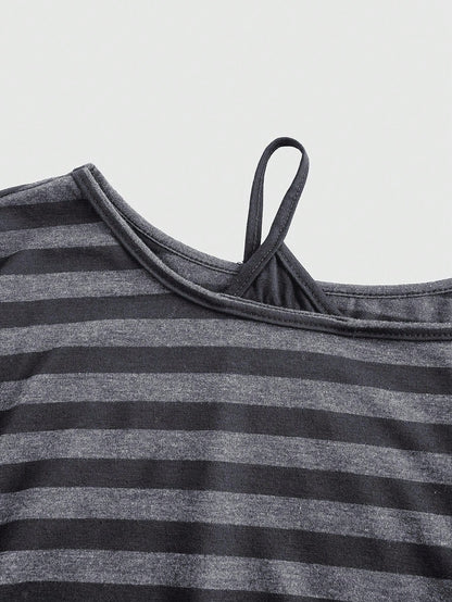 ROMWE Spring/Summer Casual Black Plus Size Grunge Punk Inspired Asymmetric Shoulder Loose Black & Grey Retro Striped T-Shirt, Plus Size