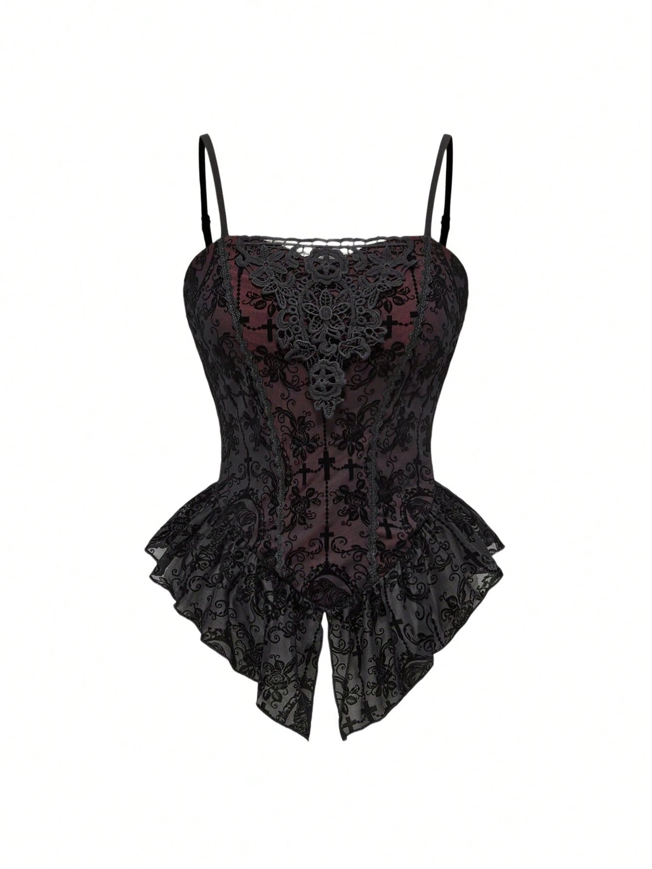 ROMWE Spring/Summer Plus Size Women Gothic Romantic Palace Flocked Contrast Lace Asymmetrical Hem Camisole Valentine's Day
