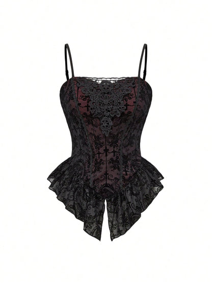 ROMWE Spring/Summer Plus Size Women Gothic Romantic Palace Flocked Contrast Lace Asymmetrical Hem Camisole Valentine's Day