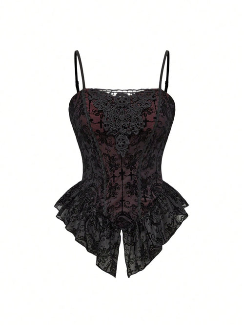 ROMWE Spring/Summer Plus Size Women Gothic Romantic Palace Flocked Contrast Lace Asymmetrical Hem Camisole Valentine's Day