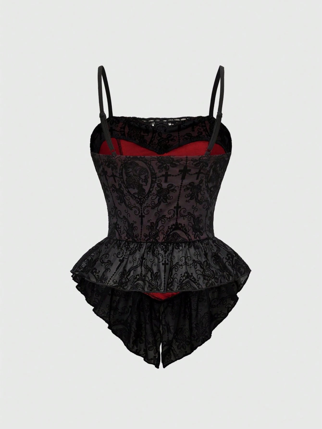ROMWE Spring/Summer Plus Size Women Gothic Romantic Palace Flocked Contrast Lace Asymmetrical Hem Camisole Valentine's Day