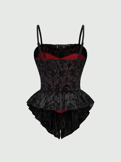 ROMWE Spring/Summer Plus Size Women Gothic Romantic Palace Flocked Contrast Lace Asymmetrical Hem Camisole Valentine's Day