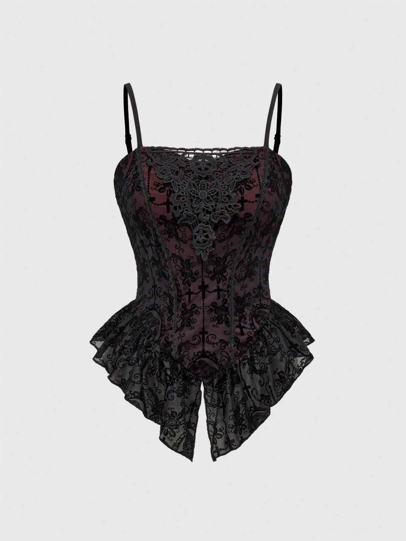 ROMWE Spring/Summer Plus Size Women Gothic Romantic Palace Flocked Contrast Lace Asymmetrical Hem Camisole Valentine's Day
