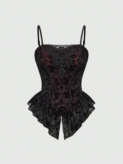 ROMWE Spring/Summer Plus Size Women Gothic Romantic Palace Flocked Contrast Lace Asymmetrical Hem Camisole Valentine's Day
