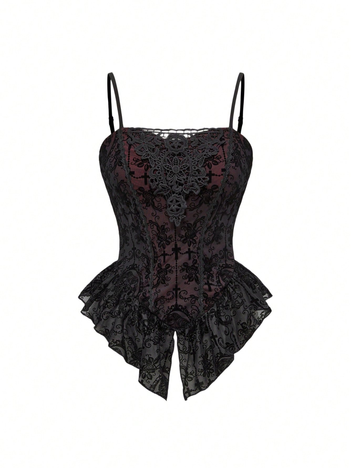 ROMWE Spring/Summer Plus Size Women Gothic Romantic Palace Flocked Contrast Lace Asymmetrical Hem Camisole Valentine's Day