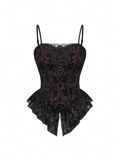 ROMWE Spring/Summer Plus Size Women Gothic Romantic Palace Flocked Contrast Lace Asymmetrical Hem Camisole Valentine's Day