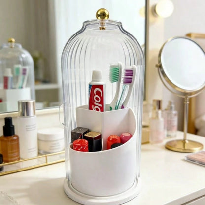 Rotating Bathroom Organizer With Sliding Lid-3 Slots No-Drill Water-Resistant Countertop Storage For Toothbrushes Toothpaste Makeup Brushes,Water-Resistant Dustproof Bathroom Organizer,Home Living Bat