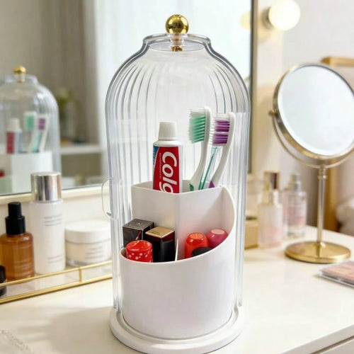 Rotating Bathroom Organizer With Sliding Lid-3 Slots No-Drill Water-Resistant Countertop Storage For Toothbrushes Toothpaste Makeup Brushes,Water-Resistant Dustproof Bathroom Organizer,Home Living Bat