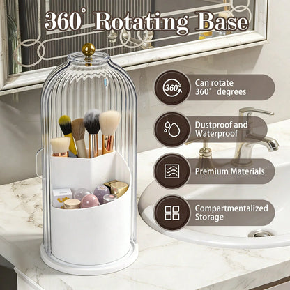Rotating Bathroom Organizer With Sliding Lid-3 Slots No-Drill Water-Resistant Countertop Storage For Toothbrushes Toothpaste Makeup Brushes,Water-Resistant Dustproof Bathroom Organizer,Home Living Bat