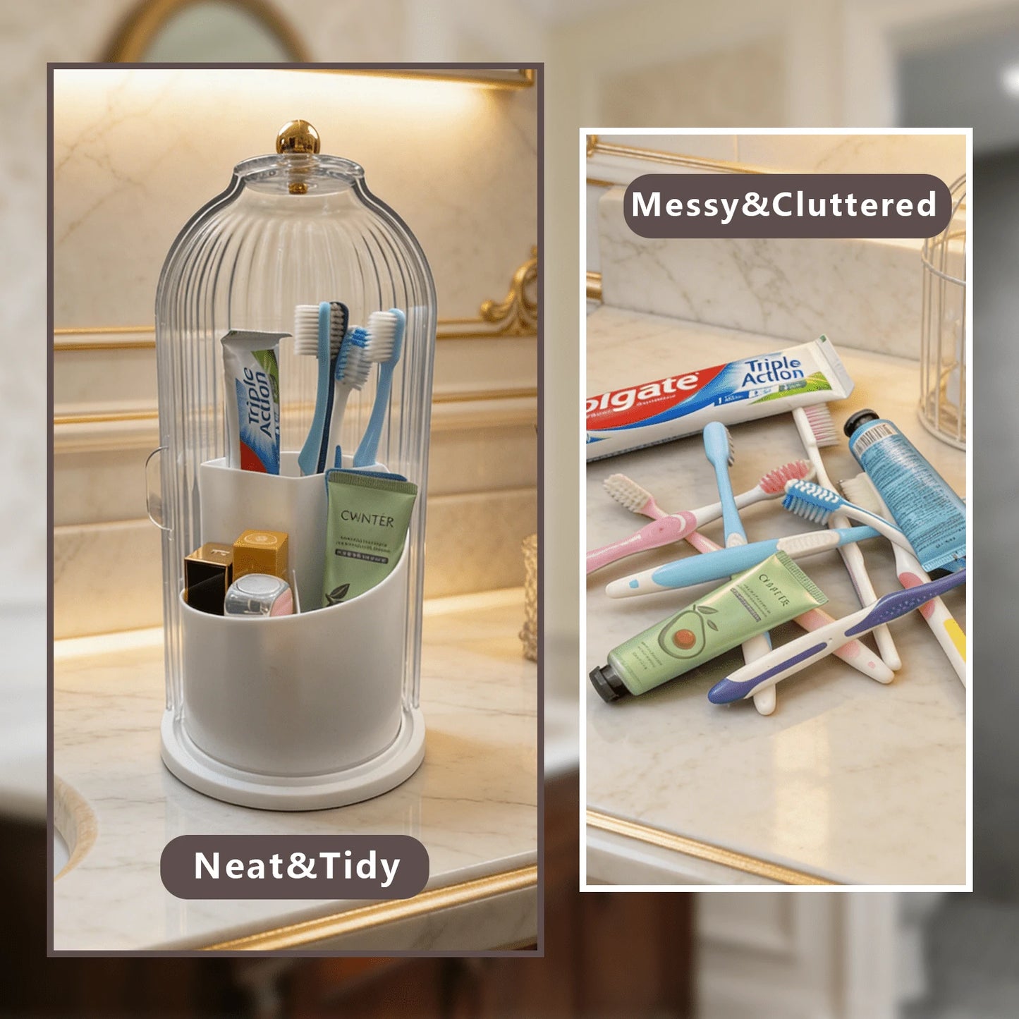 Rotating Bathroom Organizer With Sliding Lid-3 Slots No-Drill Water-Resistant Countertop Storage For Toothbrushes Toothpaste Makeup Brushes,Water-Resistant Dustproof Bathroom Organizer,Home Living Bat