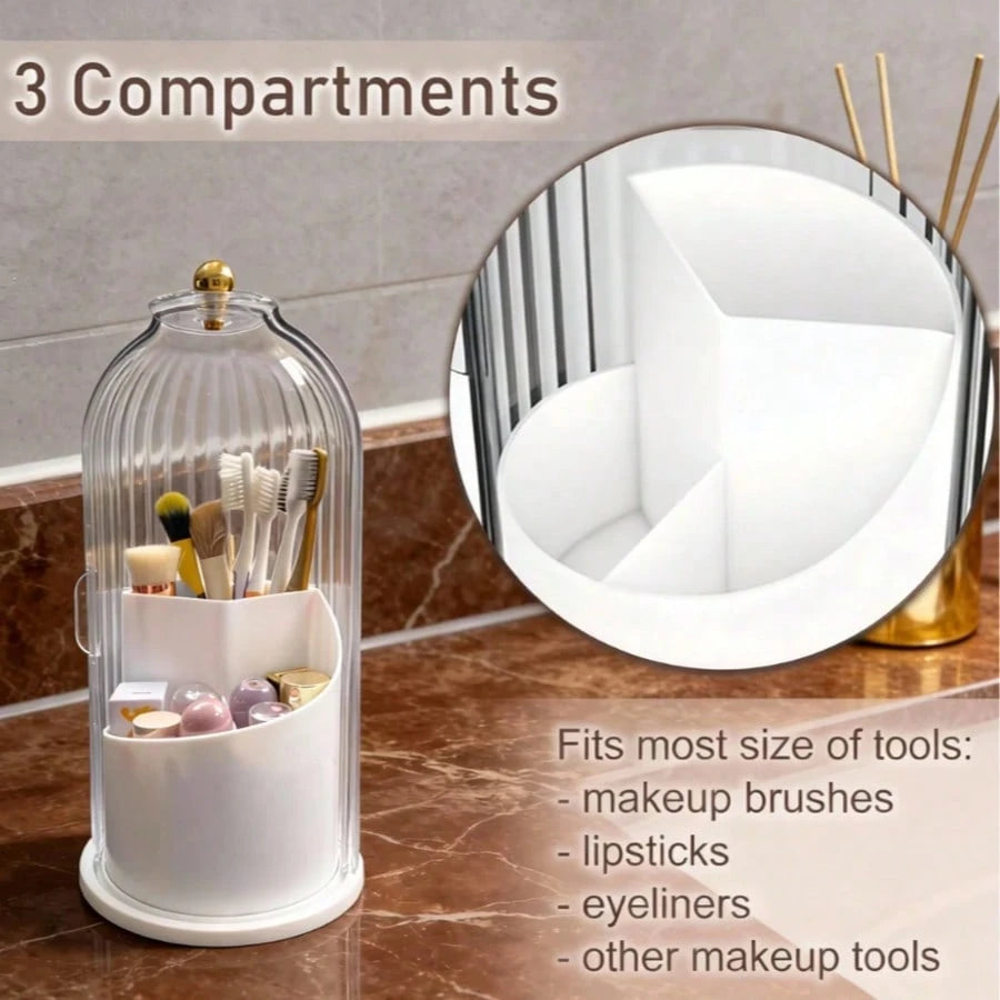 Rotating Bathroom Organizer With Sliding Lid-3 Slots No-Drill Water-Resistant Countertop Storage For Toothbrushes Toothpaste Makeup Brushes,Water-Resistant Dustproof Bathroom Organizer,Home Living Bat