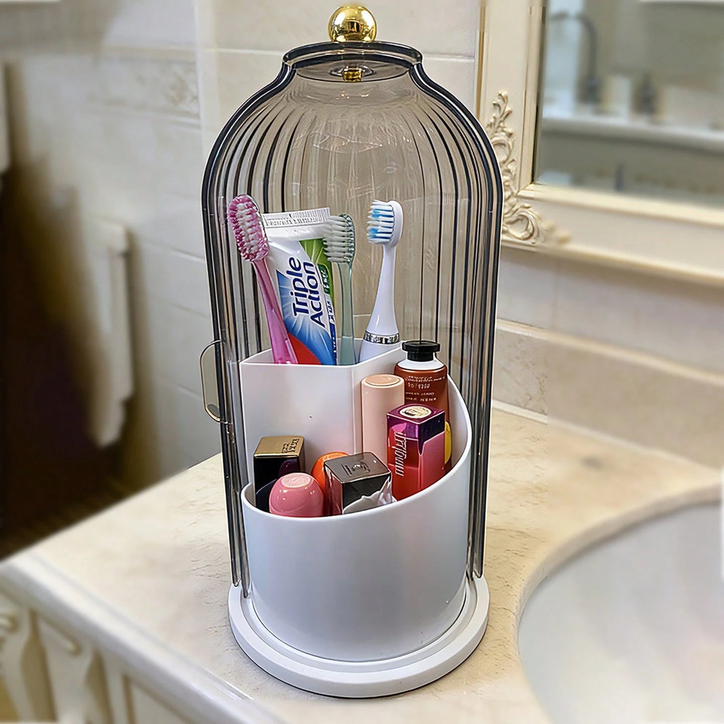 Rotating Bathroom Organizer With Sliding Lid-3 Slots No-Drill Water-Resistant Countertop Storage For Toothbrushes Toothpaste Makeup Brushes,Water-Resistant Dustproof Bathroom Organizer,Home Living Bat