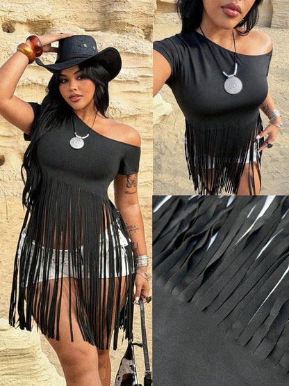 Rustia Plus Size Women Casual Vacation Short Sleeve Tassel T-Shirt