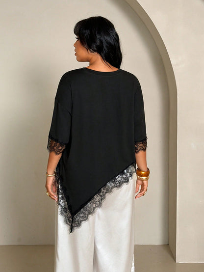 Rustia Plus Size Women Solid Color Lace Patchwork Casual T-Shirt