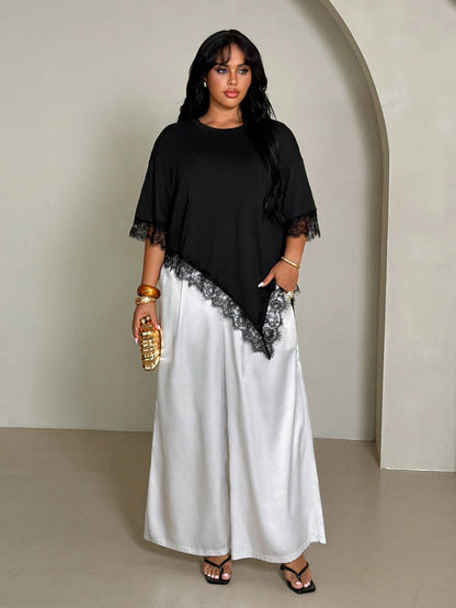 Rustia Plus Size Women Solid Color Lace Patchwork Casual T-Shirt