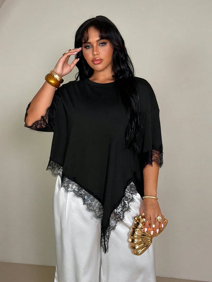 Rustia Plus Size Women Solid Color Lace Patchwork Casual T-Shirt