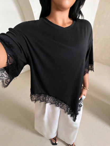 Rustia Plus Size Women Solid Color Lace Patchwork Casual T-Shirt