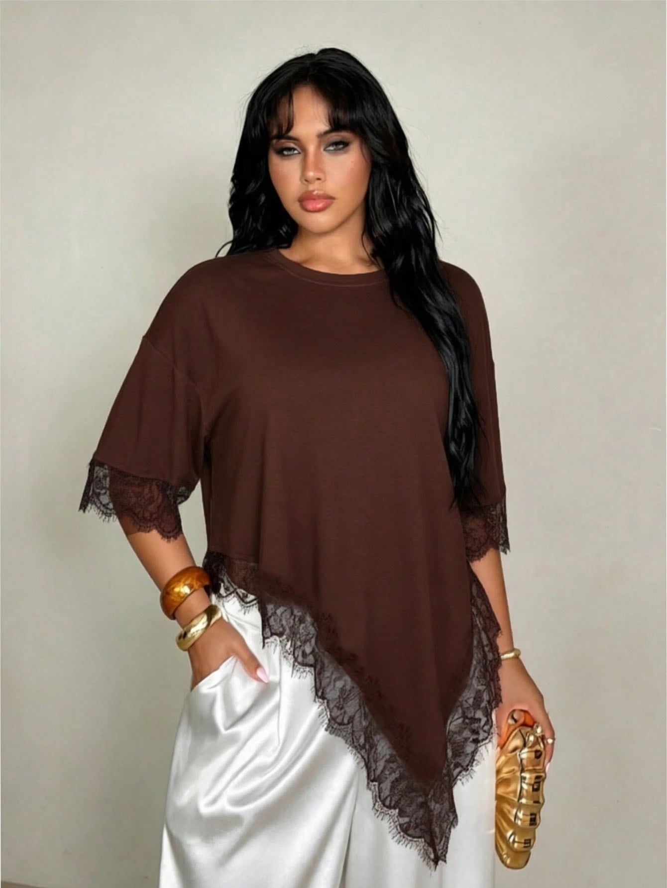 Rustia Plus Size Women Solid Color Lace Patchwork Casual T-Shirt