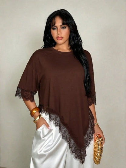 Rustia Plus Size Women Solid Color Lace Patchwork Casual T-Shirt