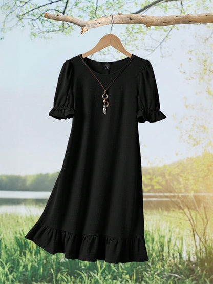 Rusticease Women Summer Casual Solid Color Puff Sleeve Mid-Length Dress,Summer Dresses For Women