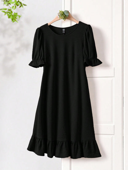 Rusticease Women Summer Casual Solid Color Puff Sleeve Mid-Length Dress,Summer Dresses For Women