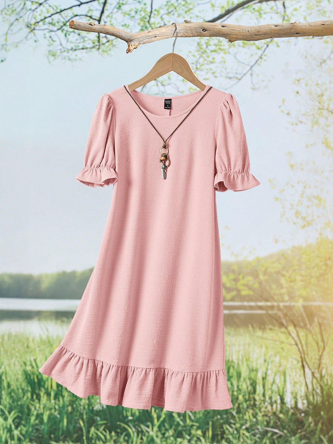 Rusticease Women Summer Casual Solid Color Puff Sleeve Mid-Length Dress,Summer Dresses For Women