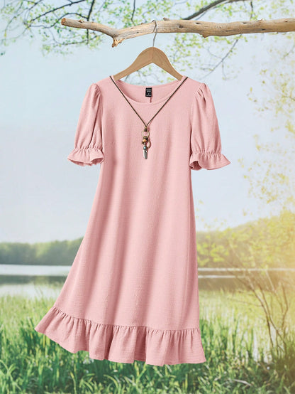 Rusticease Women Summer Casual Solid Color Puff Sleeve Mid-Length Dress,Summer Dresses For Women