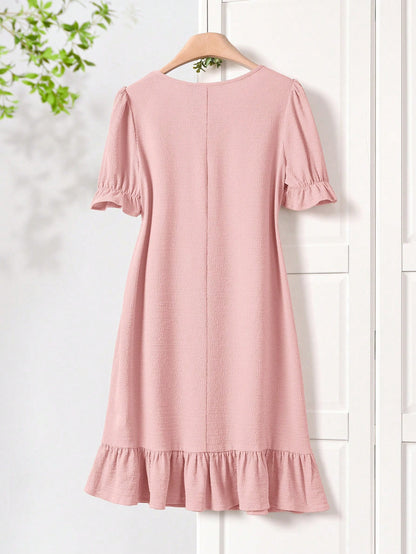 Rusticease Women Summer Casual Solid Color Puff Sleeve Mid-Length Dress,Summer Dresses For Women