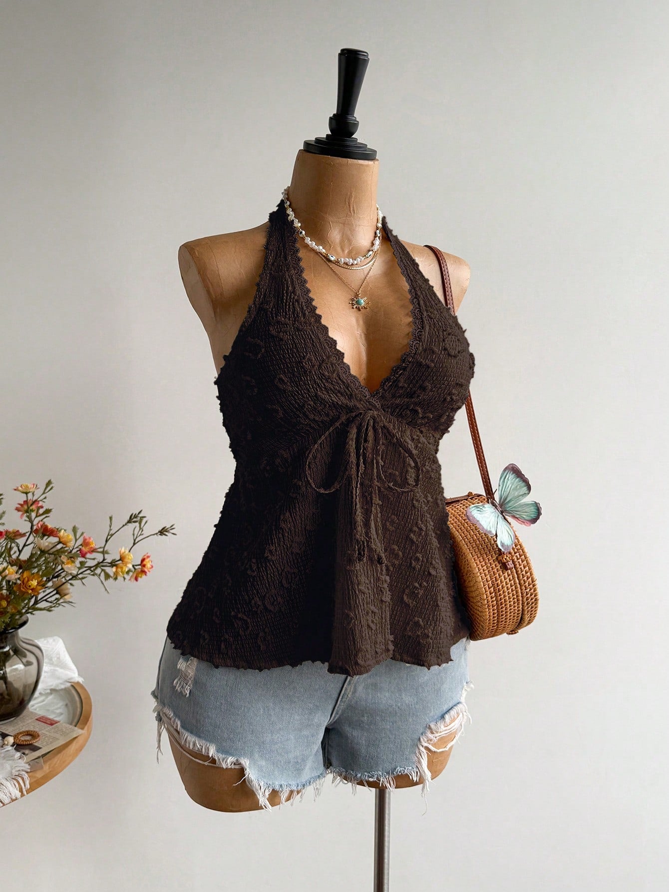 Rusttydustty Plus Size Women Textured Front Tie Halter Neck Top, Suitable For Vacation Brown Summer