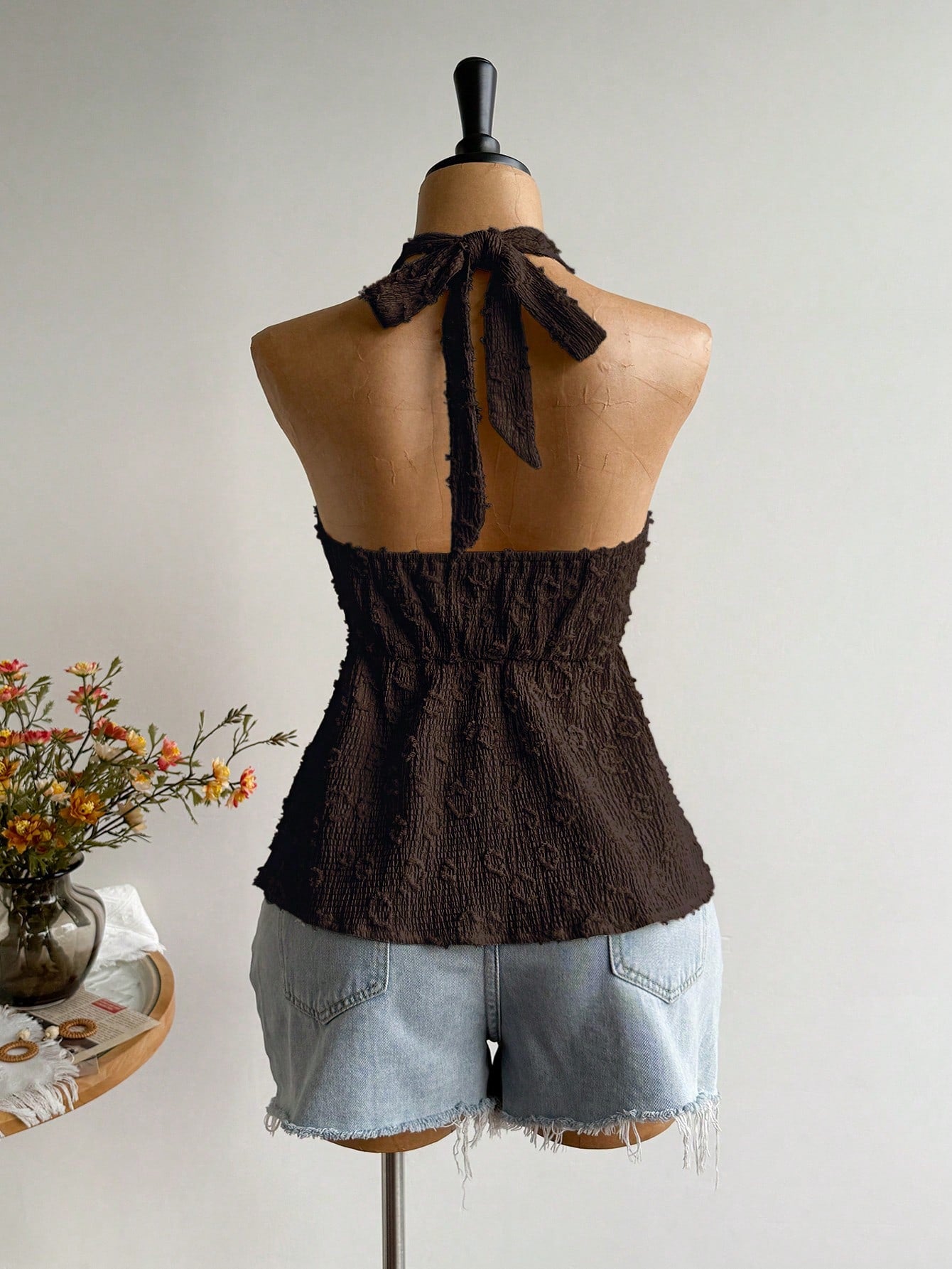 Rusttydustty Plus Size Women Textured Front Tie Halter Neck Top, Suitable For Vacation Brown Summer