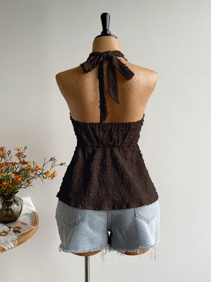 Rusttydustty Plus Size Women Textured Front Tie Halter Neck Top, Suitable For Vacation Brown Summer
