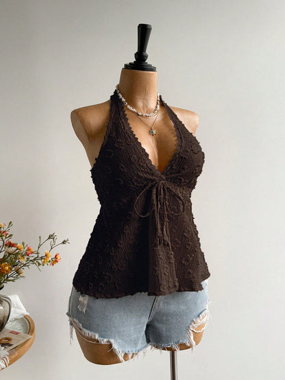 Rusttydustty Plus Size Women Textured Front Tie Halter Neck Top, Suitable For Vacation Brown Summer