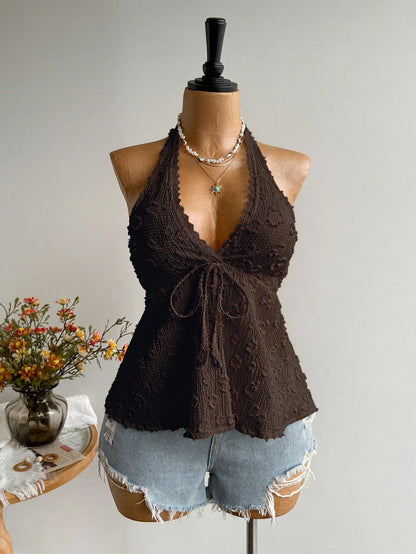 Rusttydustty Plus Size Women Textured Front Tie Halter Neck Top, Suitable For Vacation Brown Summer