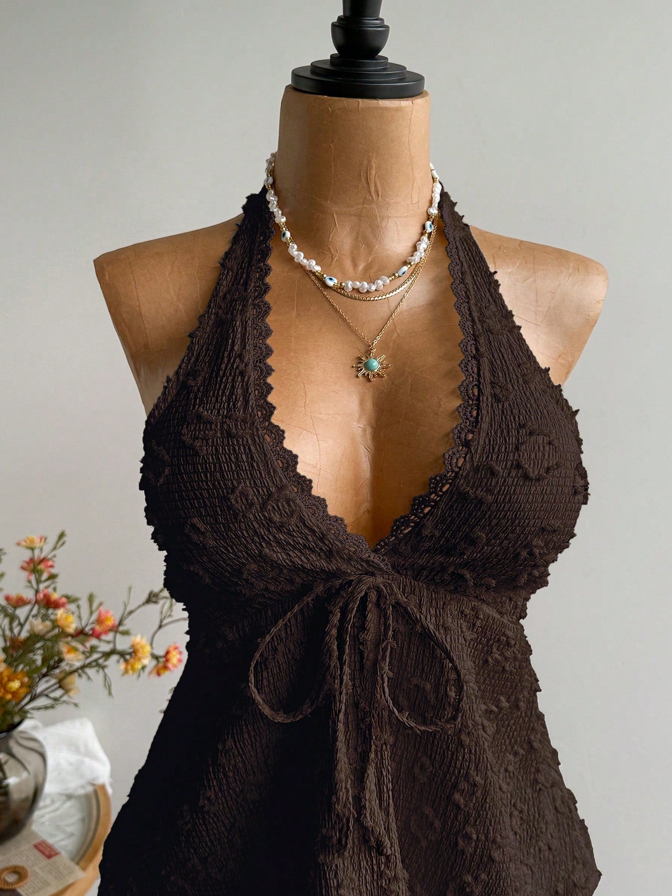 Rusttydustty Plus Size Women Textured Front Tie Halter Neck Top, Suitable For Vacation Brown Summer