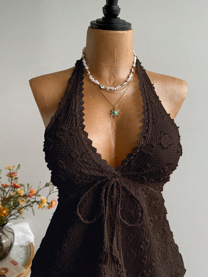Rusttydustty Plus Size Women Textured Front Tie Halter Neck Top, Suitable For Vacation Brown Summer