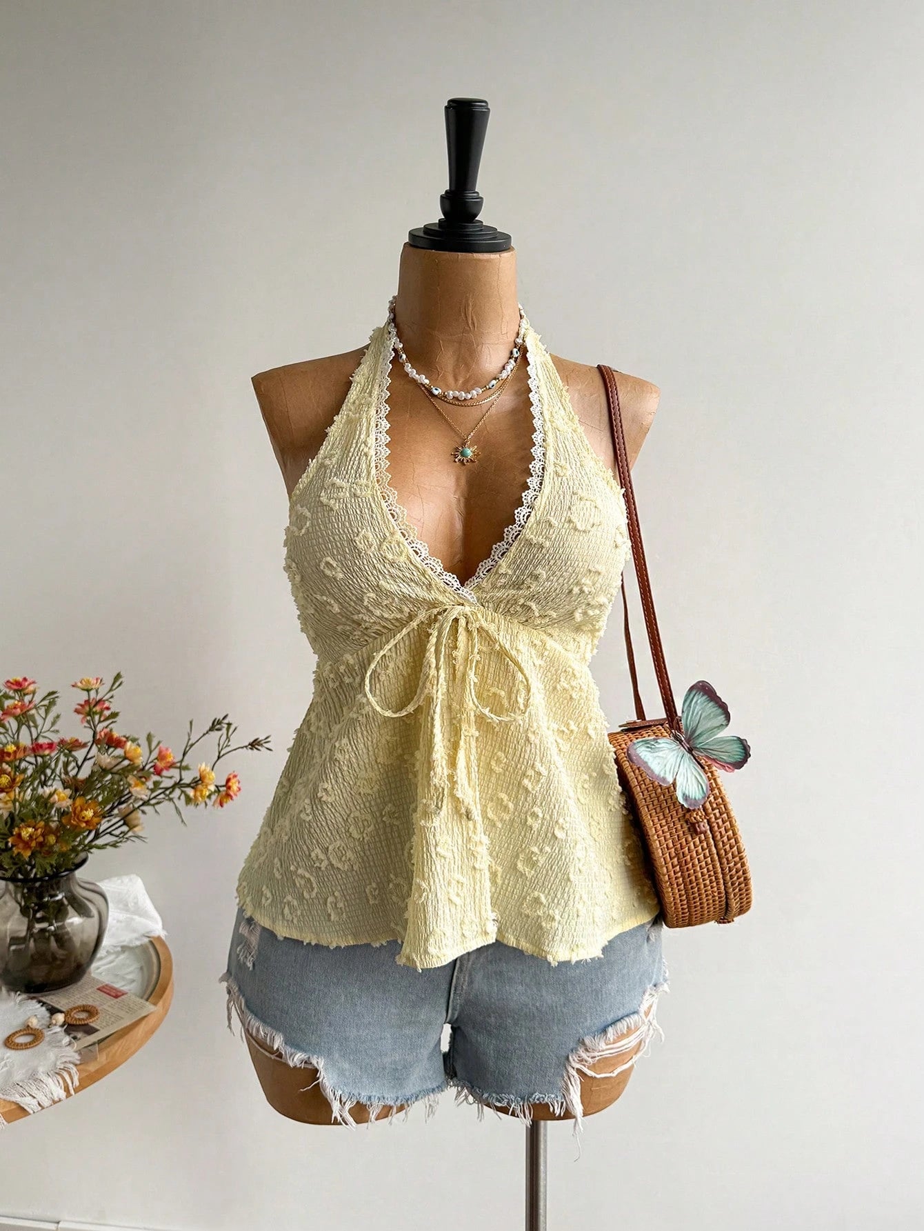 Rusttydustty Plus Size Women Textured Front Tie Halter Neck Top, Suitable For Vacation Brown Summer