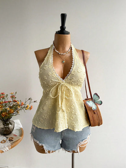 Rusttydustty Plus Size Women Textured Front Tie Halter Neck Top, Suitable For Vacation Brown Summer