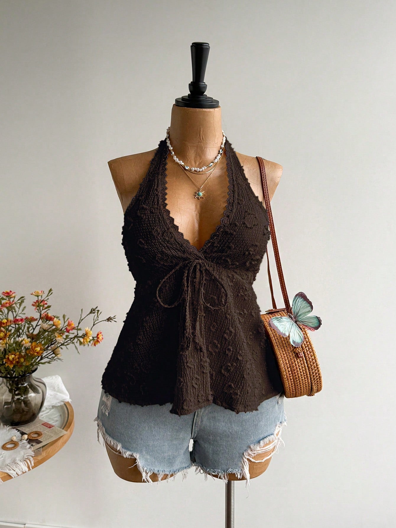 Rusttydustty Plus Size Women Textured Front Tie Halter Neck Top, Suitable For Vacation Brown Summer