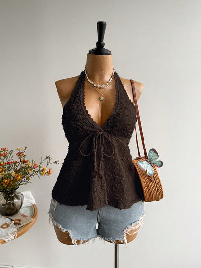 Rusttydustty Plus Size Women Textured Front Tie Halter Neck Top, Suitable For Vacation Brown Summer