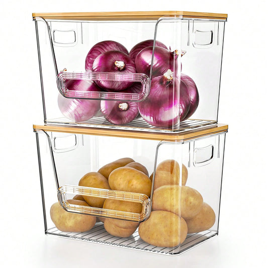 SANNAX 2 Pack Clear Pantry Organizers And Storage, Trash Bag Holder Under Sink Organizer For 4-13 Gal Bags, Trash Bag Dispenser With Bamboo Top For Onion, Potato, Garlic