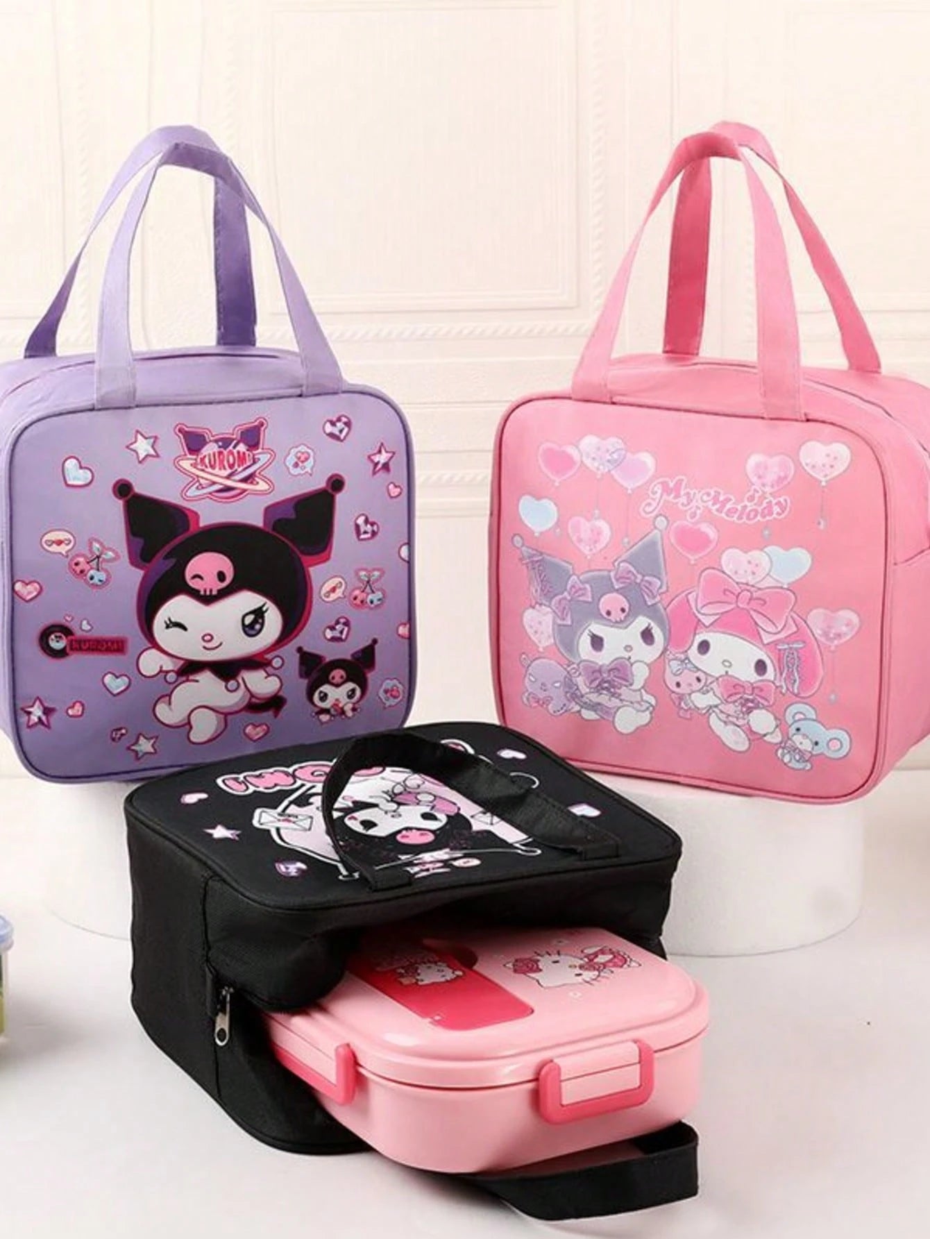 SANRIO 1pc Cute Kuromi Big Ear Dog Print Lunch Tote Bag, Insulated Waterproof Lunch Bag For Students And Office Workers, Portable Food Storage Bag, Teacher