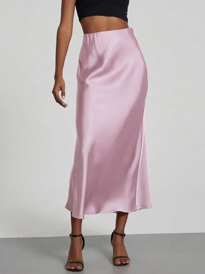 Se-Helo Women's Fashion All-Season Satin-Feel Elastic Waist Skirt- Salmon Pink Spring