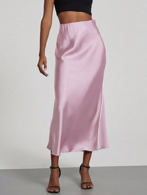 Se-Helo Women's Fashion All-Season Satin-Feel Elastic Waist Skirt- Salmon Pink Spring