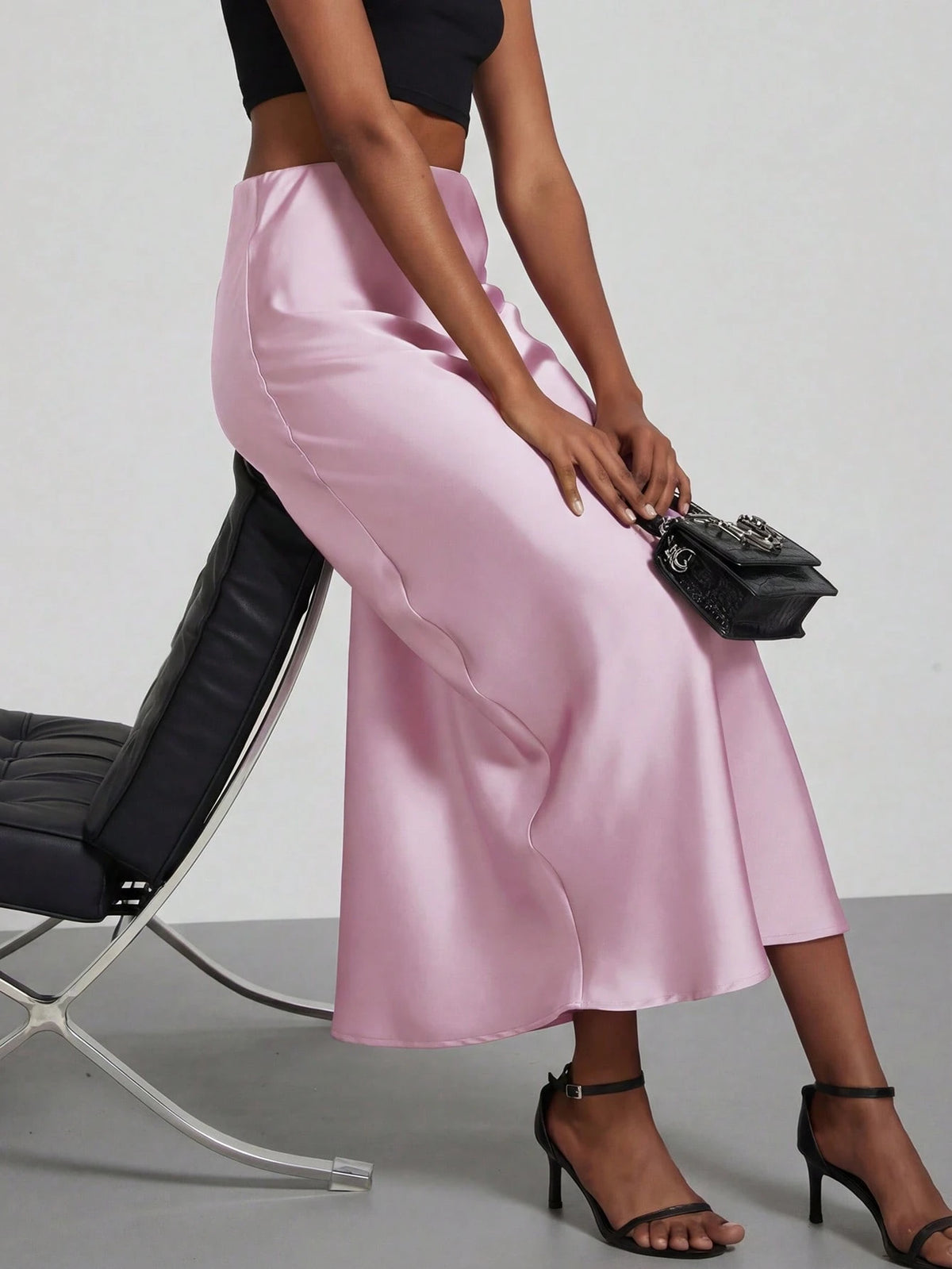 Se-Helo Women's Fashion All-Season Satin-Feel Elastic Waist Skirt- Salmon Pink Spring